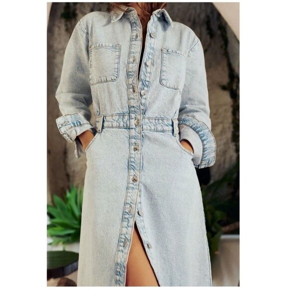 Zara Denim Midi Dress Long Sleeve Button Down Jean Dress - Picture 3 of 8